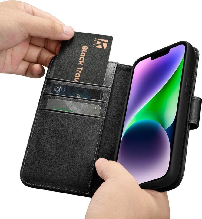 Produktbild iCarer Wallet Case 2 in1 Hülle iPhone 14 Leder Flip Cover AntiRFID schwarz (WMI14220725-BK) (Apple iPhone 14)