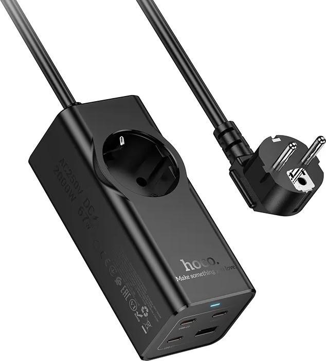 Image du produit Hoco Adapter extension cord 1 socket + USB A + 3 x Type C PD QC3.0 3A 67W NS9 2 m black (67 W, 4 ports)