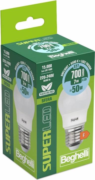 Immagine prodotto Beghelli SuperLED Lampadina a risparmio energetico Bianco freddo 6500 K 7 W E27 F (E27, 700 lm, 1x)