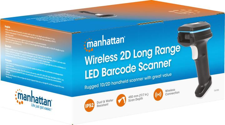 Produktbild Manhattan Kabelloser 2D Long Range LED-Barcodescanner (2D-Barcodes, 1D-Barcodes, QR-Code)