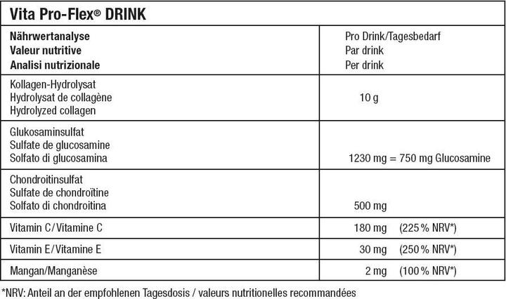 Nährwerte und Zutaten Vita ProFlex DRINK für Sehnen, Bänder und Gelenkknorpel (1 Stück, Flüssigkeit, 560 g)