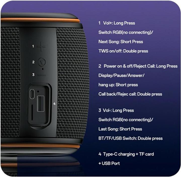 Actual product image Yesido - Wireless Speaker (YSW40) - Bluetooth 5.3, Type-C, TF Card, USB, 1200mAh, 8W - Black