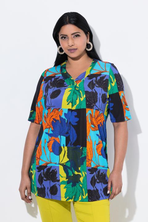 Produktbild Ulla Popken Slinkyshirt, Blätter, A-Linie, V-Ausschnitt, Halbarm (58)