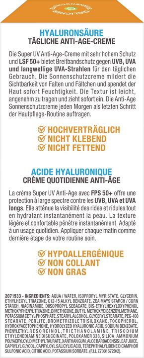 Valeurs nutritives et ingrédients Garnier Ambre Solaire Sensitive expert+ Anti-Age Super UV (Crème solaire visage, SPF 50, 50 ml, 70 g)