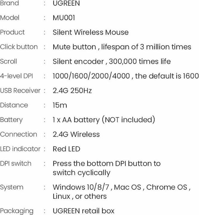 Actual product image Ugreen Wireless Mouse MU001 (Green)