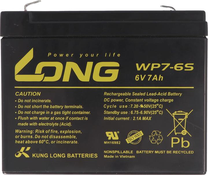 Produktbild Kung Long WP7-6S F1 Blei-Vlies-Akku, 6Volt, 7Ah mit 4,8mm Faston Anschluss (6 V, 7 Ah)