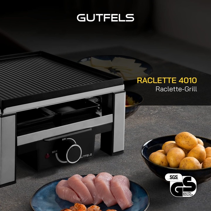 Image du produit Gutfels Raclette à 4 poêlons RACLETTE 4010 Jusqu'à 4 personnes Revêtement antiadhésif Plateau réversible S
