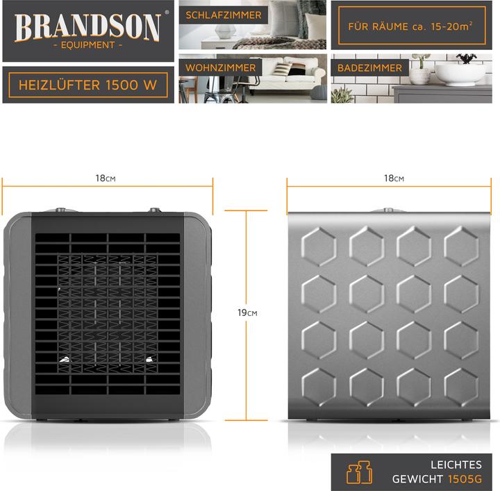 Immagine prodotto Brandson Termoventilatore 1500 W elemento riscaldante in ceramica Controllo della temperatura, riscaldatore (1500 W)