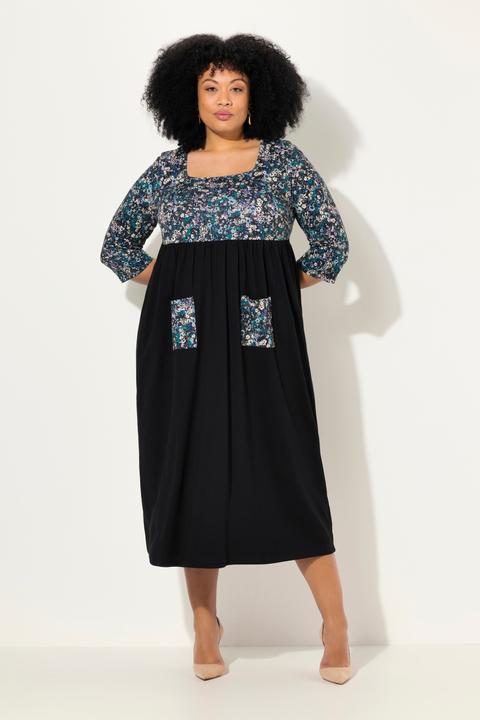 Produktbild Ulla Popken Jersey-Maxikleid, Blüten, Carree-Ausschnitt, 3/4-Arm (46, 48)