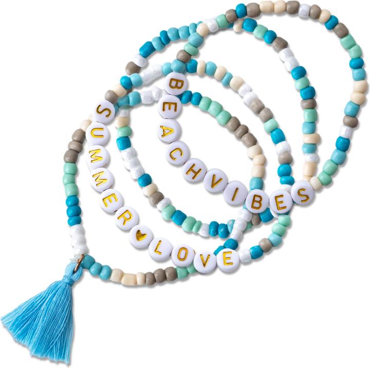 Actual product image Papierdrachen 4 Perlenarmbänder – BEACHVIBES und SUMMERLOVE (Plastic, Fabric, Rubber)