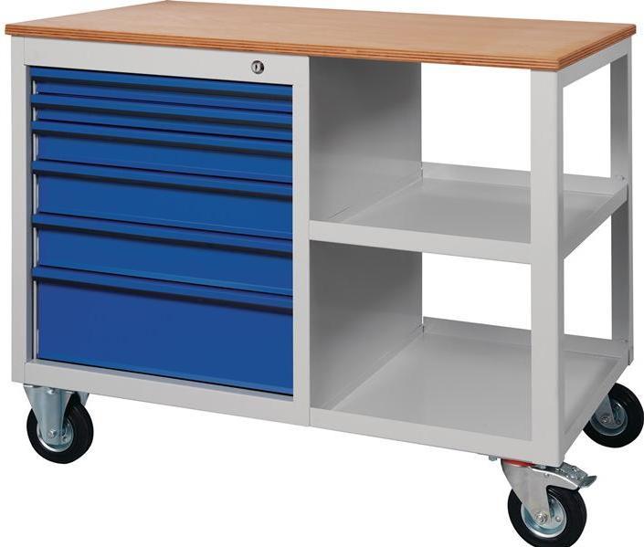 KLW Werkbank PW 700 B1000xT620xH805mm Buche Multiplex lichtgrau, RAL 7035 enzianblau, RAL 5010 6 Schubl. (100 cm, 62 cm)