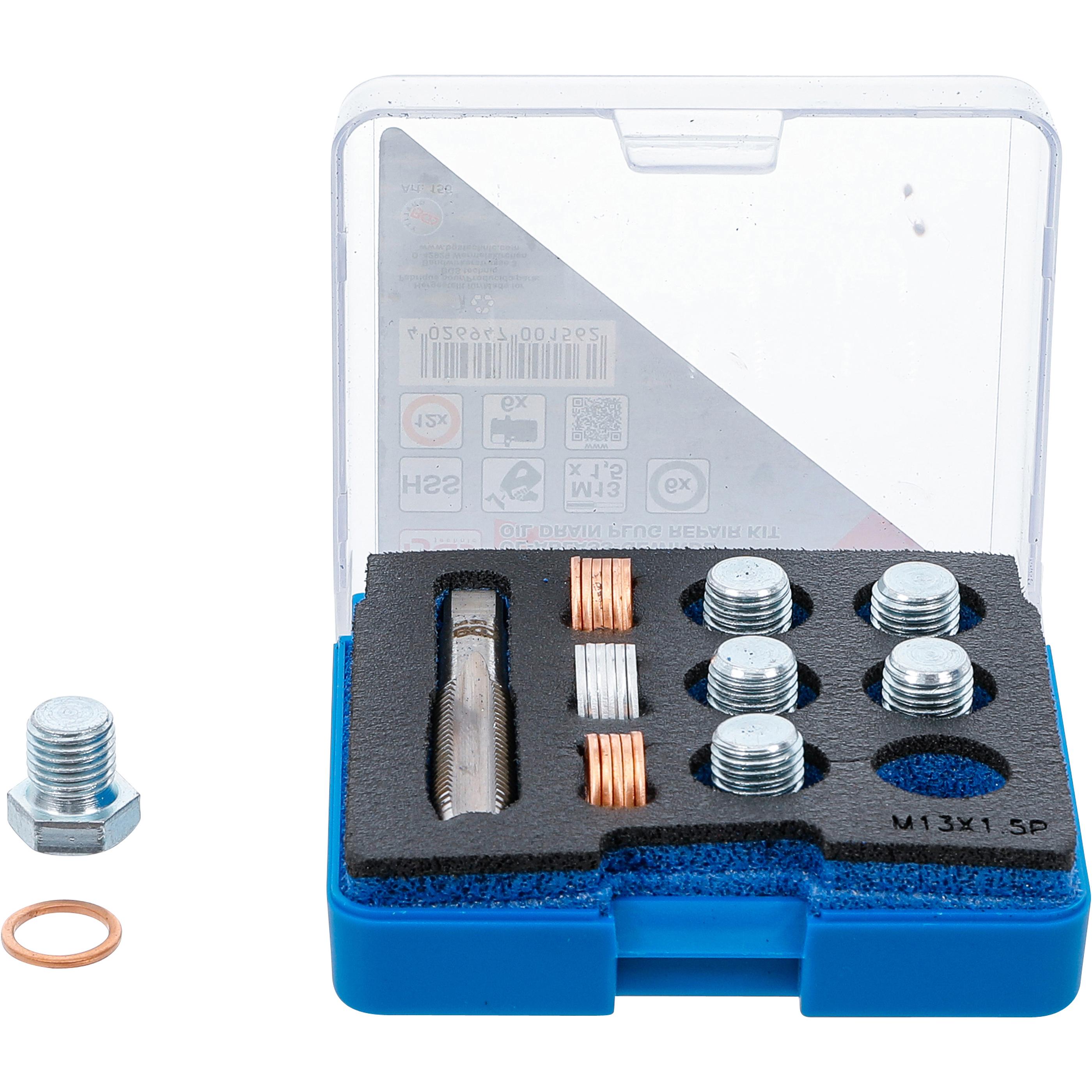 BGS, Utensili autofficina, Kit di riparazione per la filettatura di scarico dell'olio M13 x 1,5 mm