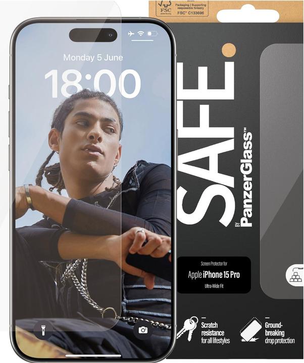 Produktbild PanzerGlass SAFE. Screen Protector Ultra-Wide Fit (1 Stück, Apple iPhone 15 Pro)