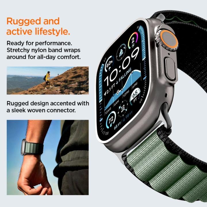 Produktbild Spigen Armband WBF1 Armband für Apple Watch 44 / 45 / 46 / 49 mm - Schwarz und Grün (49 mm, Fabric, Nylon)