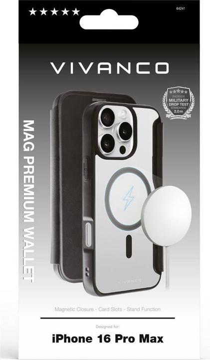 Actual product image Vivanco MAG PREMIUM Wallet for iPhone 16 Pro Max, black 2.0m Drop-Protection, MagSafe Support (Apple iPhone 16 Pro Max)