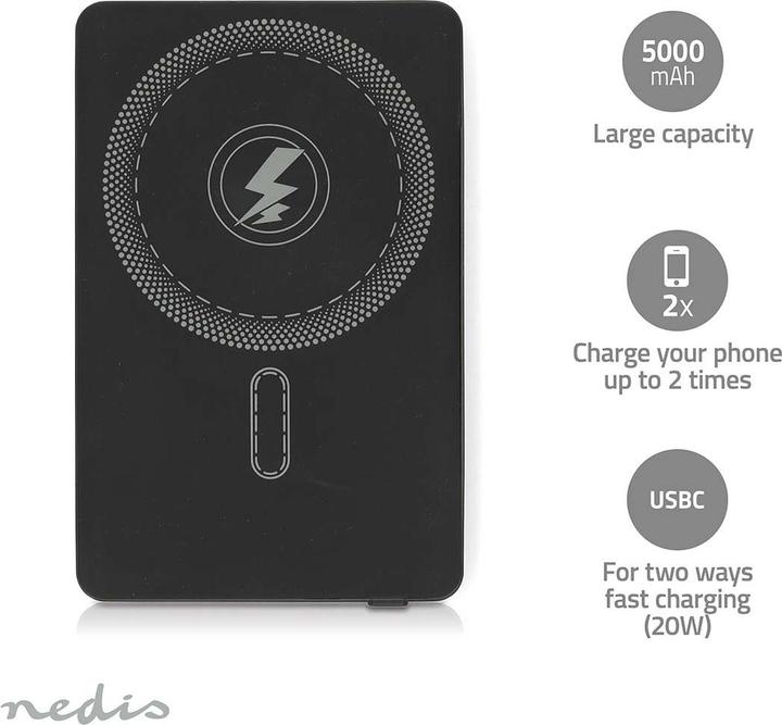 Immagine prodotto Nedis powerbank | 5000 mAh | kabelloses Laden | 1.67 / 2.22 / 3.0 A | Anzahl der Ausgänge: 1 | Ausga (5000 mAh, 20 W, 118.40 Wh)