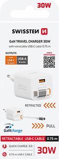 Produktbild Swissten Netzadapter SlideCHARGE GaN 30W, 2 Ports, 1x USB-C, 1x USB-A (30 W, 2 Ports)