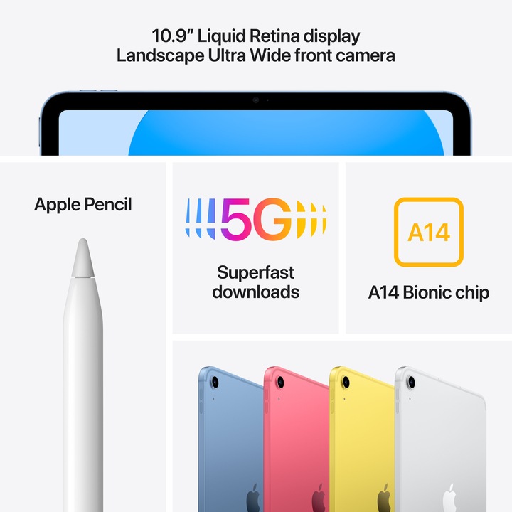 Immagine prodotto Apple iPad 2022 (10. Gen) inkl. Poweradapter (5G, 10.90", 64 GB, Azzurro)