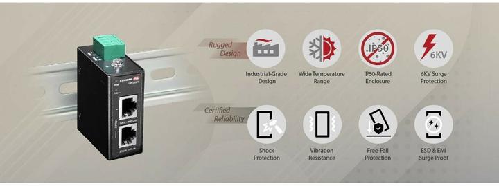 Actual product image edimax Industrie 2.5 Gigabit 90W PoE++ DIN-Rail Injektor (802.3af (PoE), 802.3at (PoE+), 802.3bt (PoE++), 90 W)