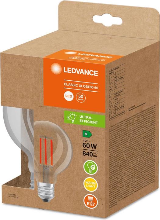 Actual product image Ledvance LED globe95 filament 840lm 4W/830 (60W) E27 energy class A (E27, 4 W, 840 lm, 1 x, A)
