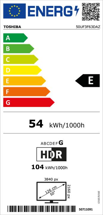 Energie-Label Toshiba 50 Zoll Fernseher Fire TV (4K UHD Smart TV, Dolby Vision HDR, Triple-Tuner, Alexa Built-In) (50", LCD, 4K)