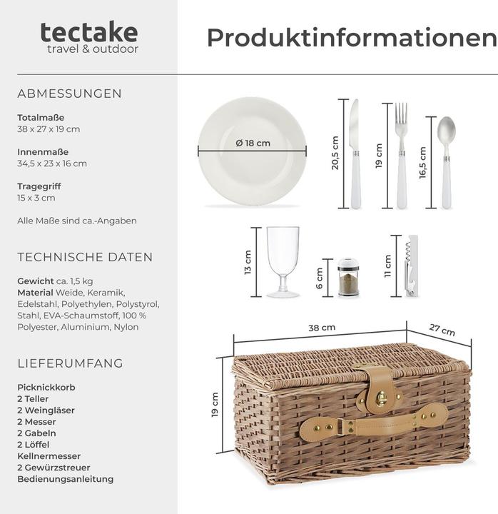 Actual product image tectake Picnic basket Langeoog for 2 people, with cooler compartment & accessories