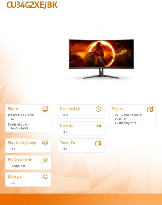 Actual product image AOC CU34G2XE/BK (3440 x 1440 pixels, 34")