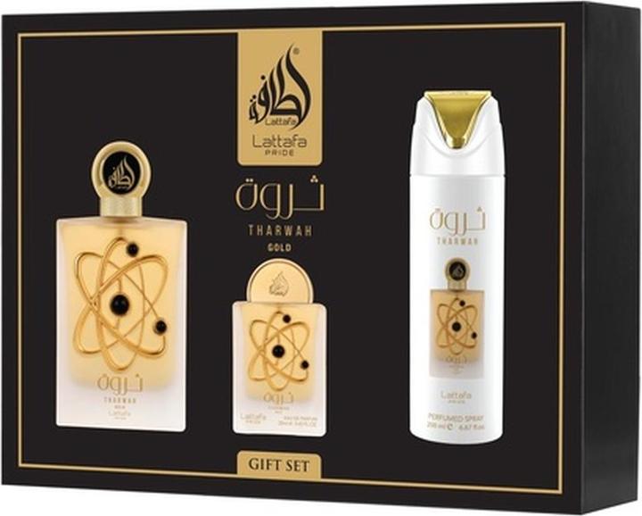 Lattafa Perfumes Lattafa Pride Tharwah Gold Eau De Parfum 100 Ml Eau De Parfum 20 Ml Deodorant 200 Ml (Parfum Set)