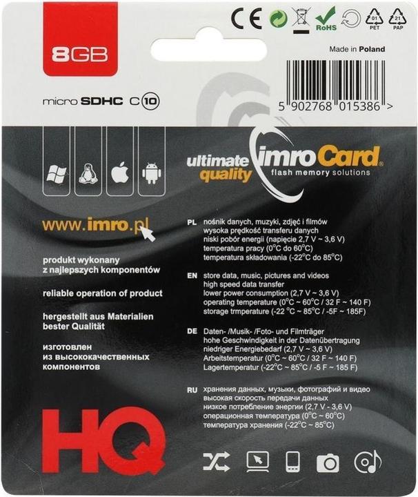 Image du produit IMRO 10/8G Carte mémoire 8 Go MicroSDHC classe 10 (8 Go, microSDHC, U1, UHS-I)