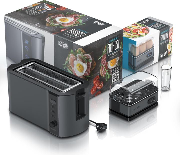 Produktbild Arendo Frühstücks Set, 4-Scheiben Langschlitz Toaster mit Brötchenaufsatz & Eierkocher für 6 Eier, Grau