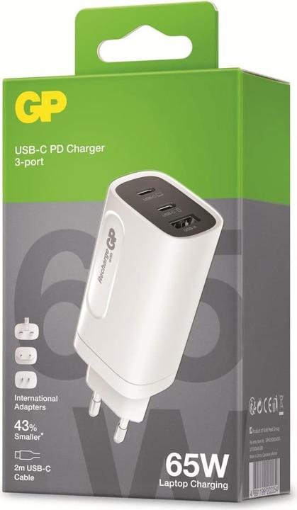 Image du produit GP Batteries GP GaN Adaptateur de charge rapide USB 65W PD 2xUSB-C & 1xUSB-A blanc (65 W)