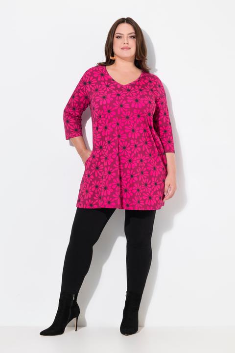 Immagine prodotto Ulla Popken Maglia dal taglio lungo e svasato con fiori, scollo a V e maniche a 3/4 (68)