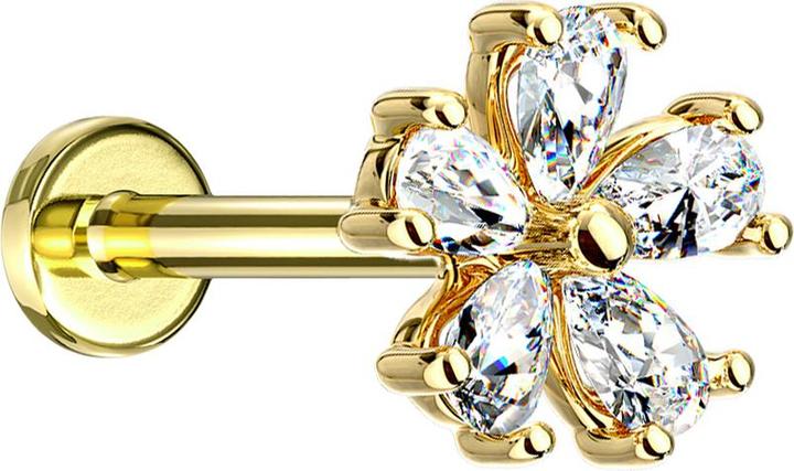 Produktbild Star Piercing Micro Labret Innengewinde 14k vergoldet Blume mit Kristalltropfen (Messing, Chirurgenstahl 316L)