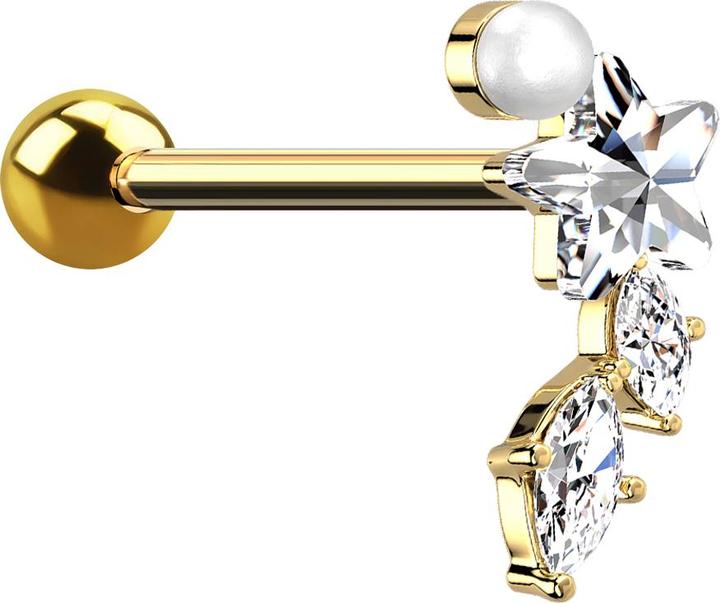 Produktbild Star Piercing Micro Barbell vergoldet Perle Kristallstern und zwei Kristalltropfen (Messing, Chirurgenstahl 316L)