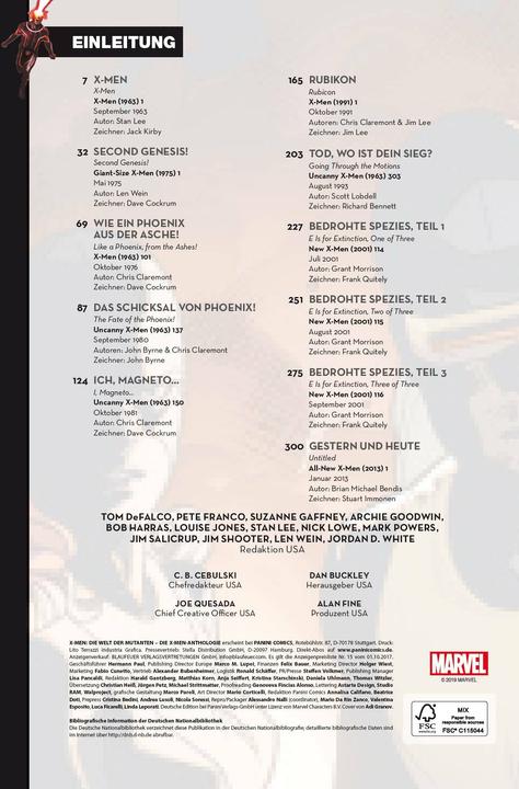 Nährwerte und Zutaten Panini X-Men Anthologie (Deutsch, Brian Michael Bendis, Chris Claremont, Frank Quitely, Grant Morrison, Jack Kirby, Jim Lee, John Byrne, Len Wein, Scott Lobdell, Stan Lee, Stuart Immonen, 2018)