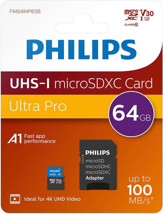 Immagine prodotto Philips MicroSDXC Classe 10 UHS-I U3 con adattatore (64 GB, microSDXC, U3, UHS-I)
