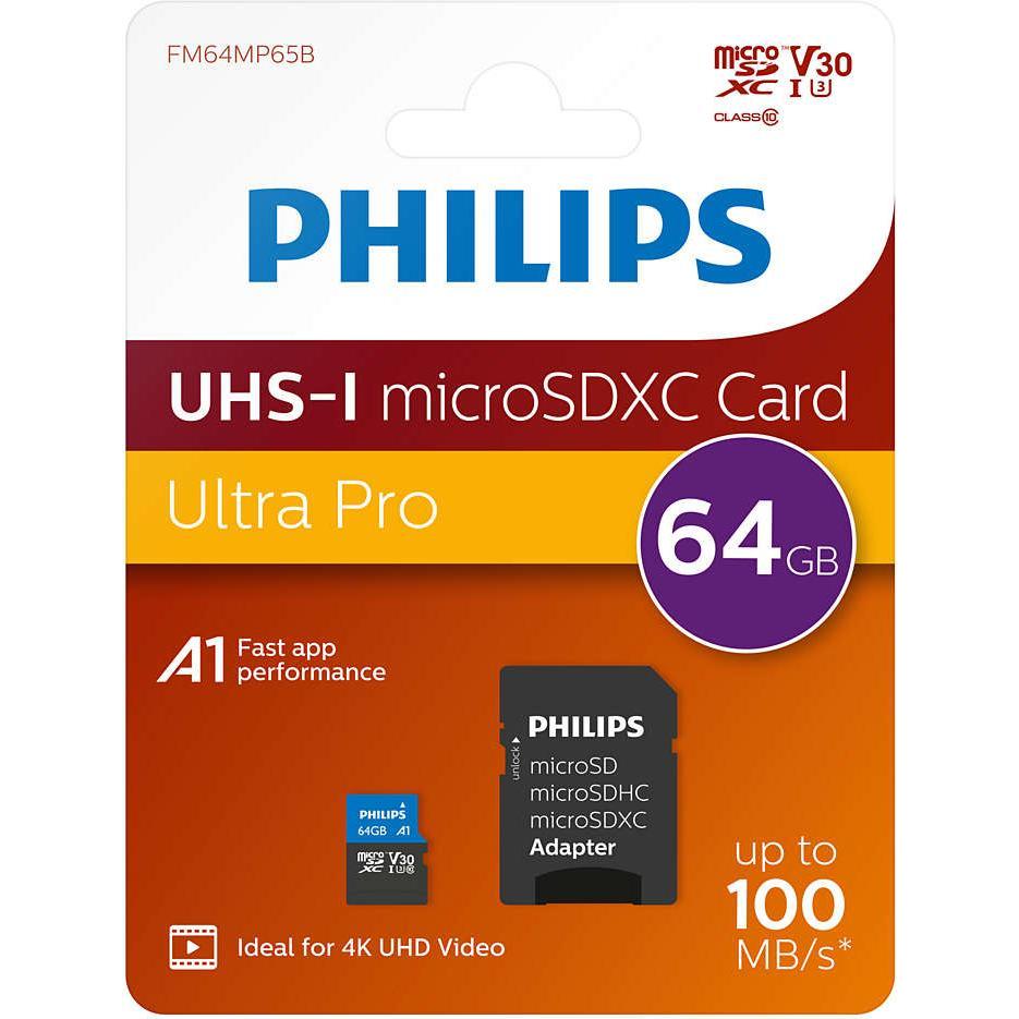 Thumbnail - Philips MicroSDXC Class 10 UHS-I U3 mit Adapter (64 GB, microSDXC, U3, UHS-I), Speicherkarte, Schwarz