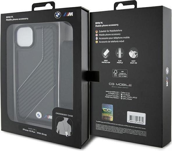 Produktbild BMW BMHCP15S23PSCCK iPhone 15 / 14 / 13 czarny/black hardcase M Edition Carbon Stripe & Strap (Apple iPhone 13, Apple iPhone 14, Apple iPhone 15)