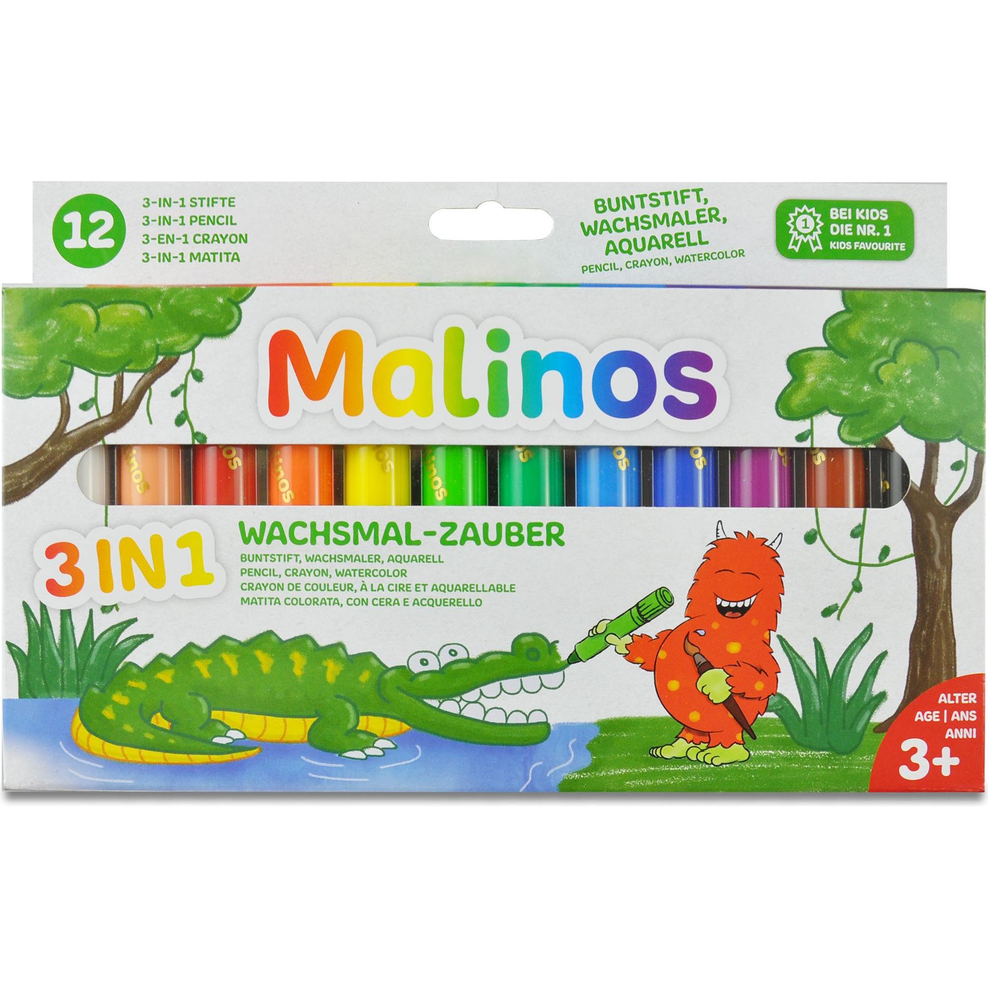 Malinos, Malstifte, Wachsmalstifte 3-in-1 (Dunkelblau, Hellblau, Hellgrün, Lila, Weiss, Rot, Grün, Gelb, Orange, Rosa, S...