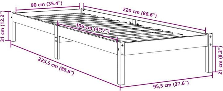 Actual product image vidaXL Bett Extra Lang ohne Matratze 90x220 (90 x 220 cm)