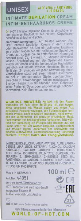 Valeurs nutritives et ingrédients HOT Crème dépilatoire intime (100 ml, 1 x, 150 g)
