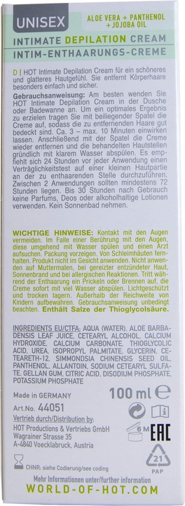 Nutritional values and ingredients HOT intimate depilation (100 ml, 1 x, 150 g)
