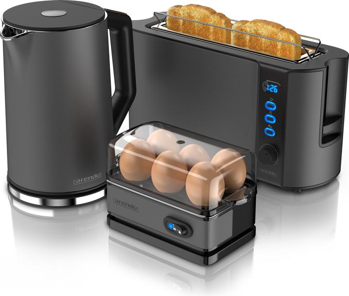 Produktbild Arendo Frühstücks Set, Wasserkocher 1,5l Temperaturwahl, 2-Scheiben Toaster & Eierkocher für 6 Eier, Grau