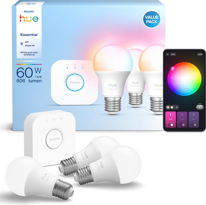 Philips Hue Starter Kit Essential White & Color Ambiance + Bridge (E27, 806 lm, 4 x)