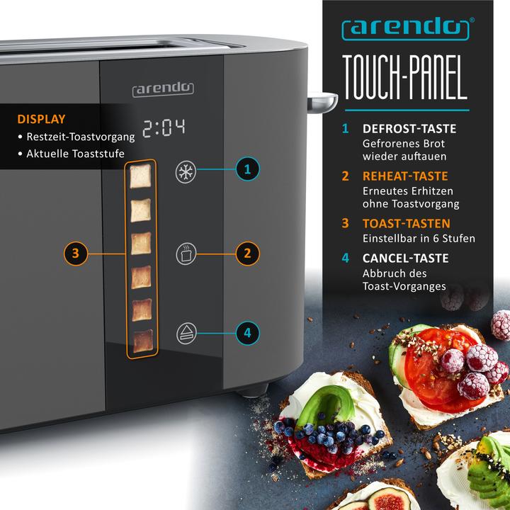 Actual product image Arendo Toaster Edelstahl 2 Scheiben Langschlitz, Restzeit & Bräunungsgradanzeige, Touch Display, 1000 W