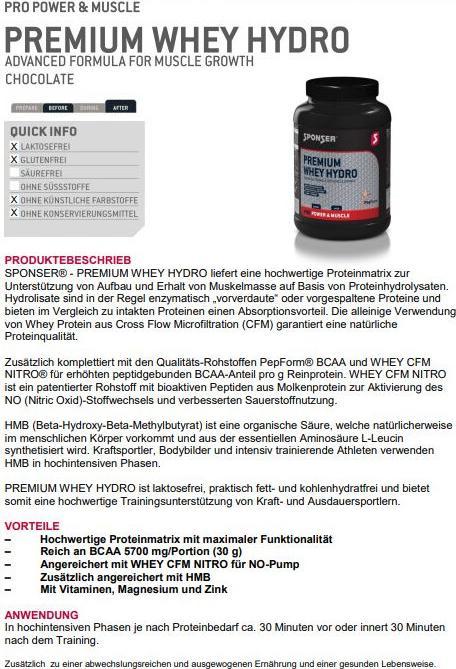 Nährwerte und Zutaten Sponser Premium Whey Hydro (Chocolate, 1 x, 850 g)