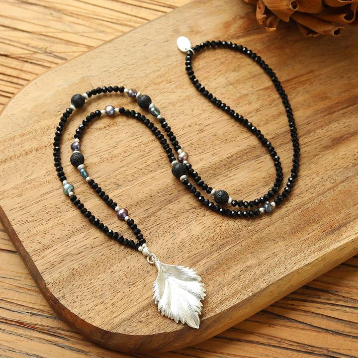 Image du produit Andreani Collier avec pendentif feuille en véritables perles noires d'eau douce avec verre (Verre)