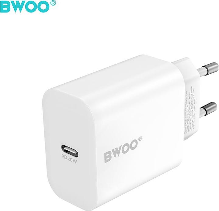 Actual product image Bwoo wall charger CDA233 PD 20W 1x USB-C with USB-C - Lightning cable white (20 W, 1 portion)