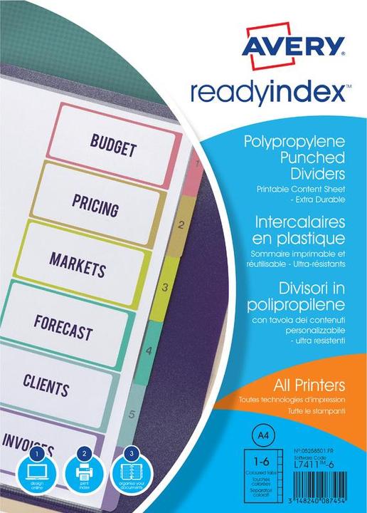 Avery Intercalaires Readyindex, PP, 6 touches, A4 polypropylène transparent, touches couleur assorti