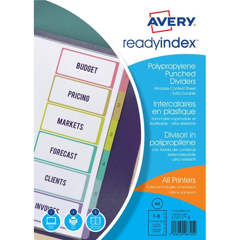 Avery, Ordner Zubehör, Intercalaires Readyindex, PP, 6 touches, A4 polypropylène transparent, touches couleur assorti